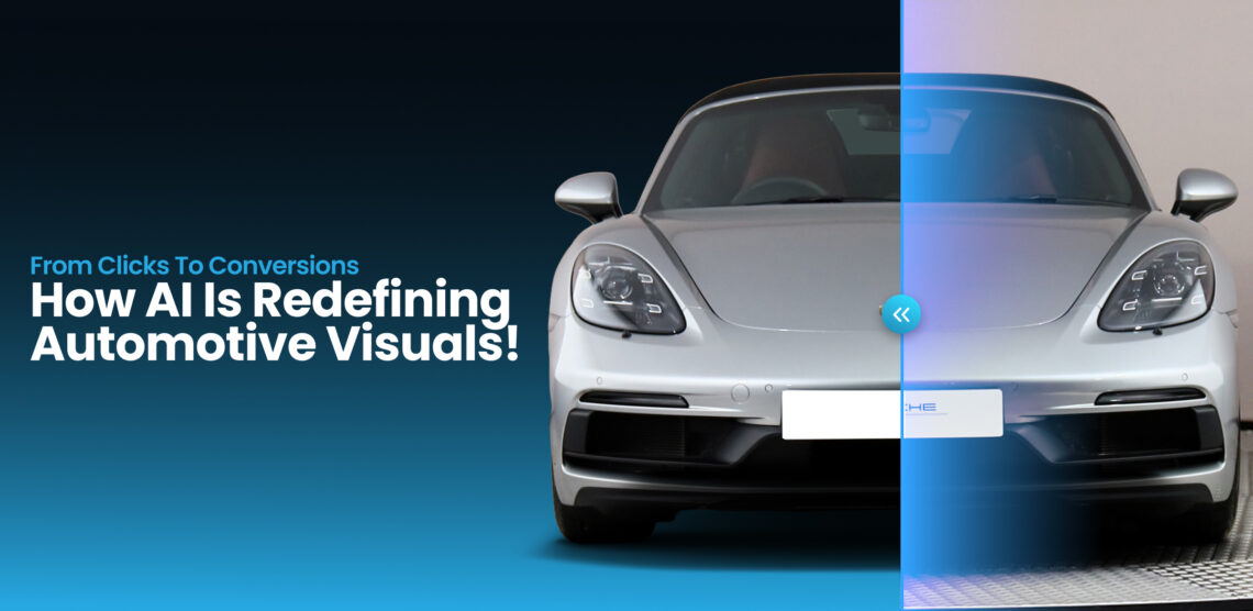 A split image of a silver sports car showing a digitally enhanced left side and a plain right side, with text discussing AI's impact on automotive visuals.