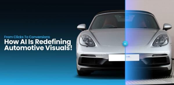 A split image of a silver sports car showing a digitally enhanced left side and a plain right side, with text discussing AI's impact on automotive visuals.