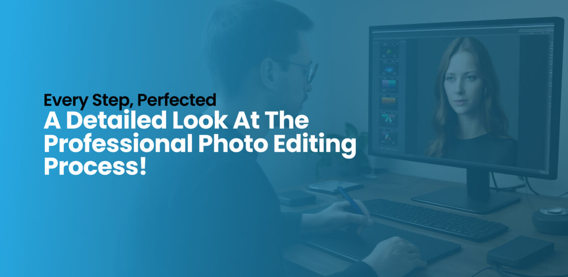 A close-up of the professional photo editing process, showcasing various tools used in photo retouching services